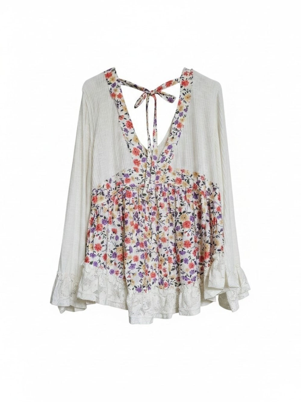 POL Cream Floral V-Neck Tie-Back Peasant Tunic